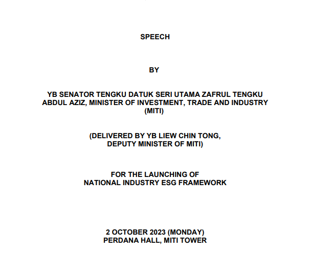 SPEECH BY MITI MINISTER FOR THE LAUNCHING OF NATIONAL INDUSTRY ESG FRAMEWORK