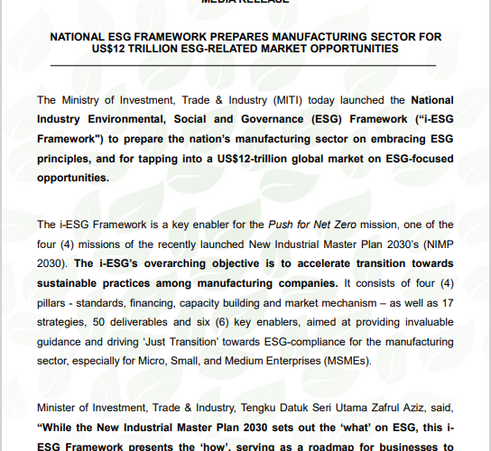 NATIONAL ESG FRAMEWORK PREPARES MANUFACTURING SECTOR FOR US$12 TRILLION ESG-RELATED MARKET OPPORTUNITIES